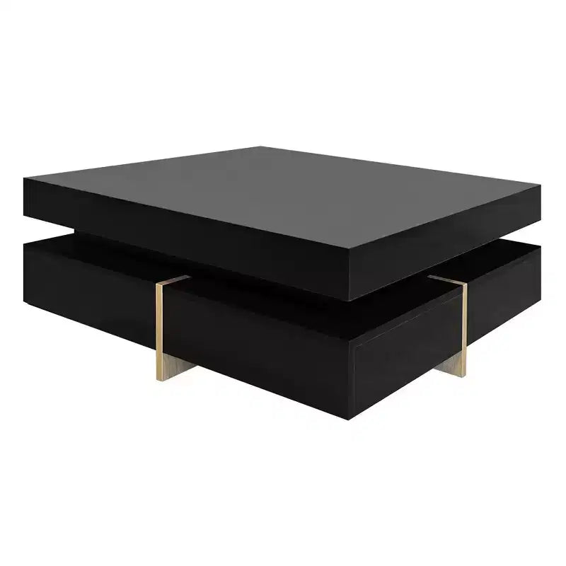 Homy Casa Modern High Gloss Square Coffee Table with Layered Design and Gold Accents for Living Room or Lounge