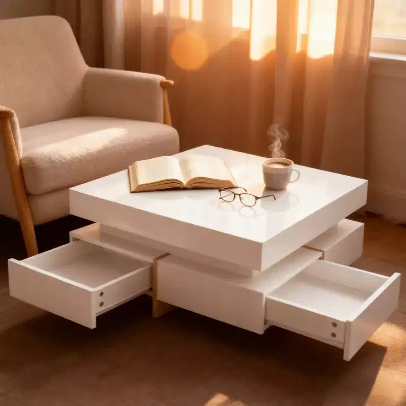 Homy Casa Modern High Gloss Square Coffee Table with Layered Design and Gold Accents for Living Room or Lounge