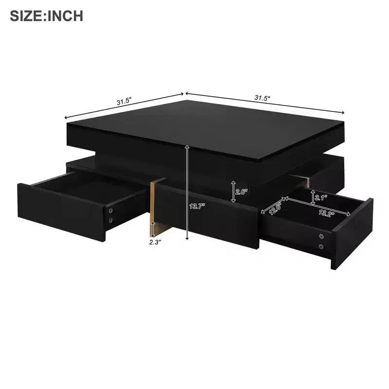 Homy Casa Modern High Gloss Square Coffee Table with Layered Design and Gold Accents for Living Room or Lounge