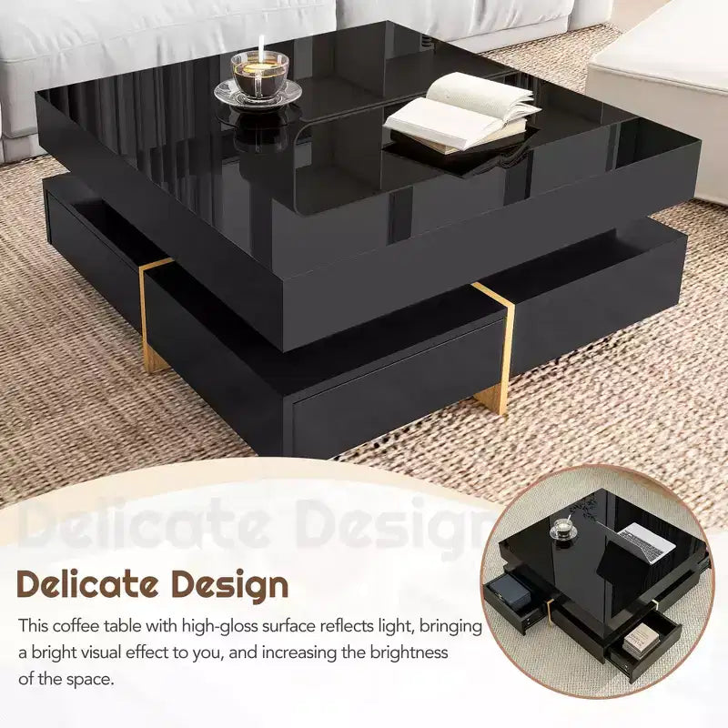 Homy Casa Modern High Gloss Square Coffee Table with Layered Design and Gold Accents for Living Room or Lounge