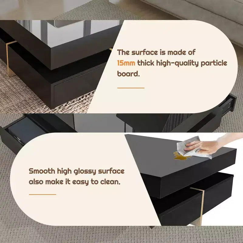 Homy Casa Modern High Gloss Square Coffee Table with Layered Design and Gold Accents for Living Room or Lounge