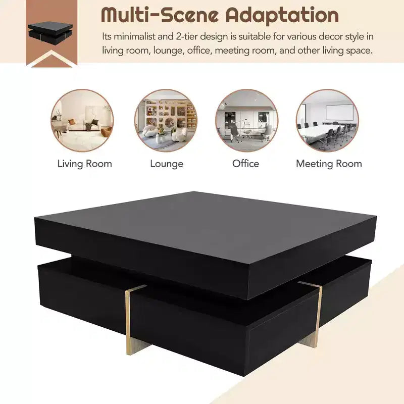 Homy Casa Modern High Gloss Square Coffee Table with Layered Design and Gold Accents for Living Room or Lounge