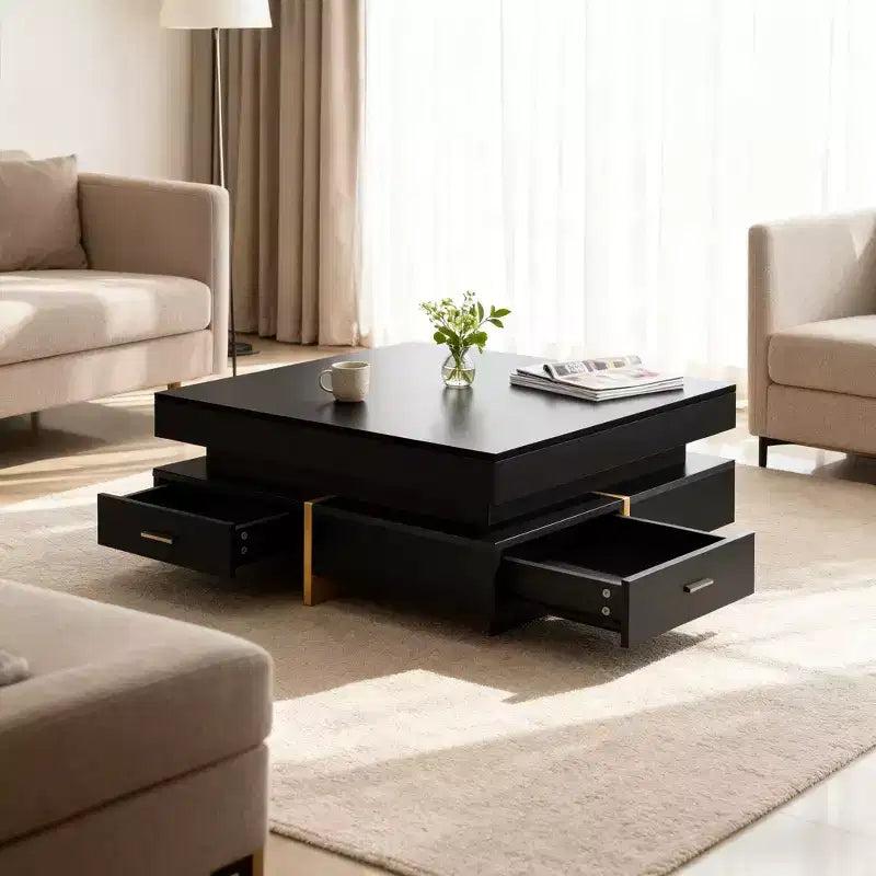 Homy Casa Modern High Gloss Square Coffee Table with Layered Design and Gold Accents for Living Room or Lounge