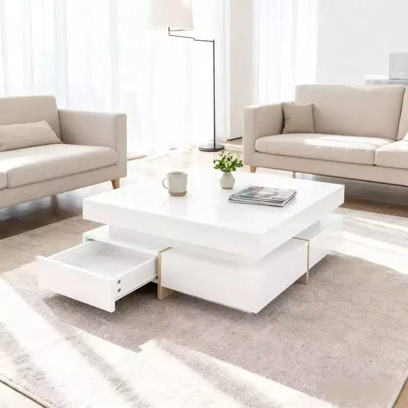 Homy Casa Modern High Gloss Square Coffee Table with Layered Design and Gold Accents for Living Room or Lounge