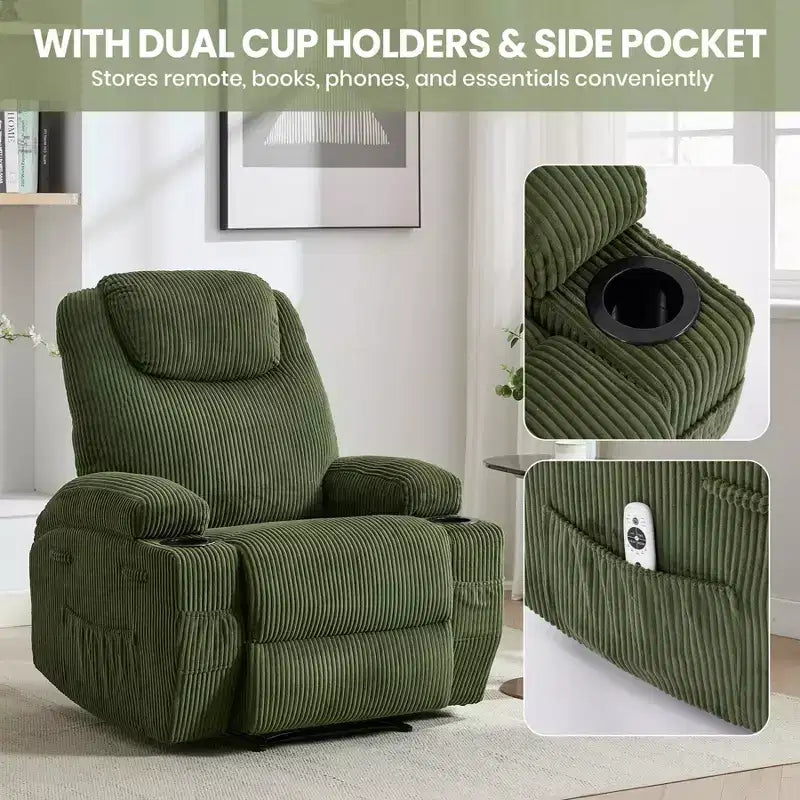 COZONY Adjustable Electric Recliner with 135 Tilt, Massage & Heat, Corduroy Cover & Tool-Free Assembly for Adults