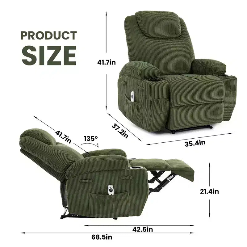 COZONY Adjustable Electric Recliner with 135 Tilt, Massage & Heat, Corduroy Cover & Tool-Free Assembly for Adults