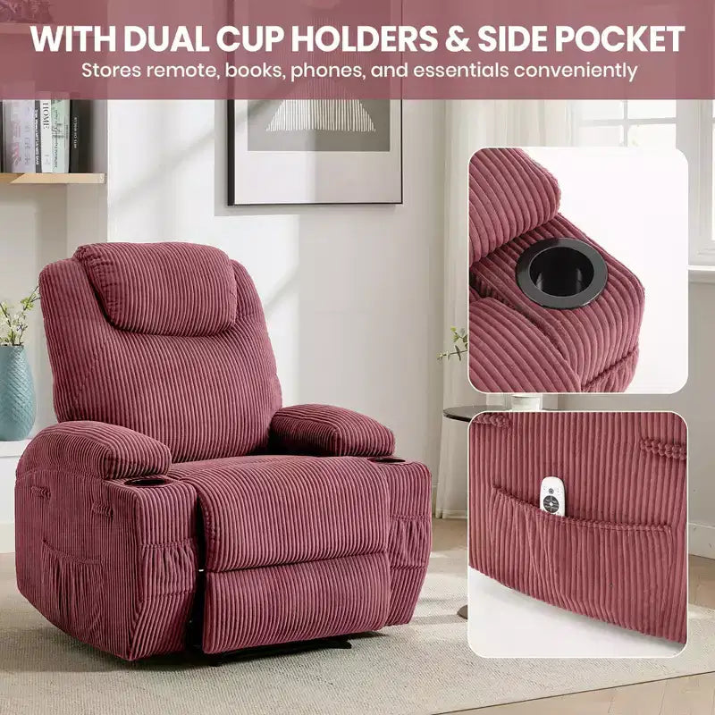 COZONY Adjustable Electric Recliner with 135 Tilt, Massage & Heat, Corduroy Cover & Tool-Free Assembly for Adults