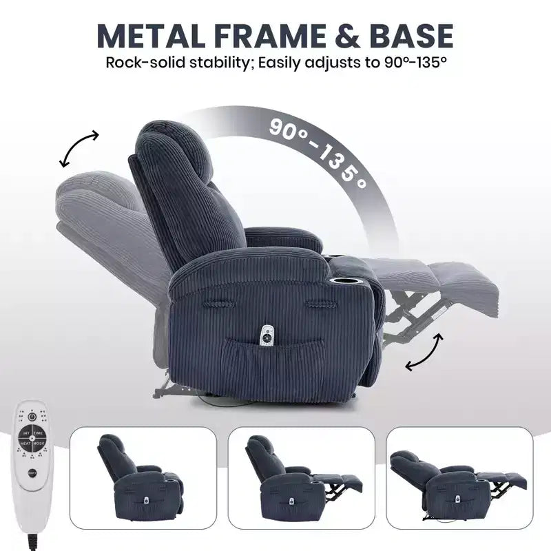 COZONY Adjustable Electric Recliner with 135 Tilt, Massage & Heat, Corduroy Cover & Tool-Free Assembly for Adults