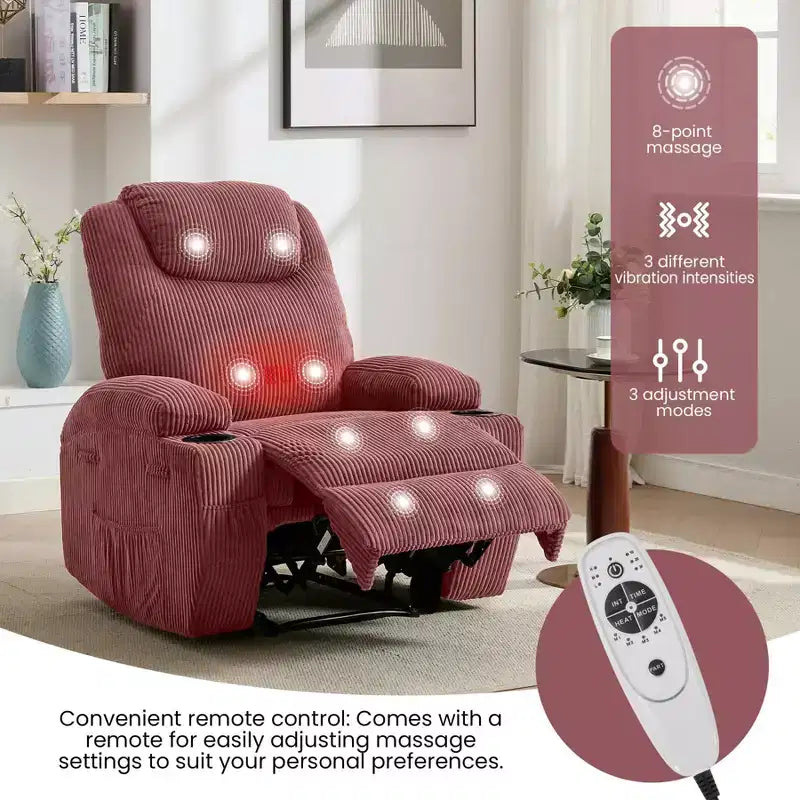 COZONY Adjustable Electric Recliner with 135 Tilt, Massage & Heat, Corduroy Cover & Tool-Free Assembly for Adults