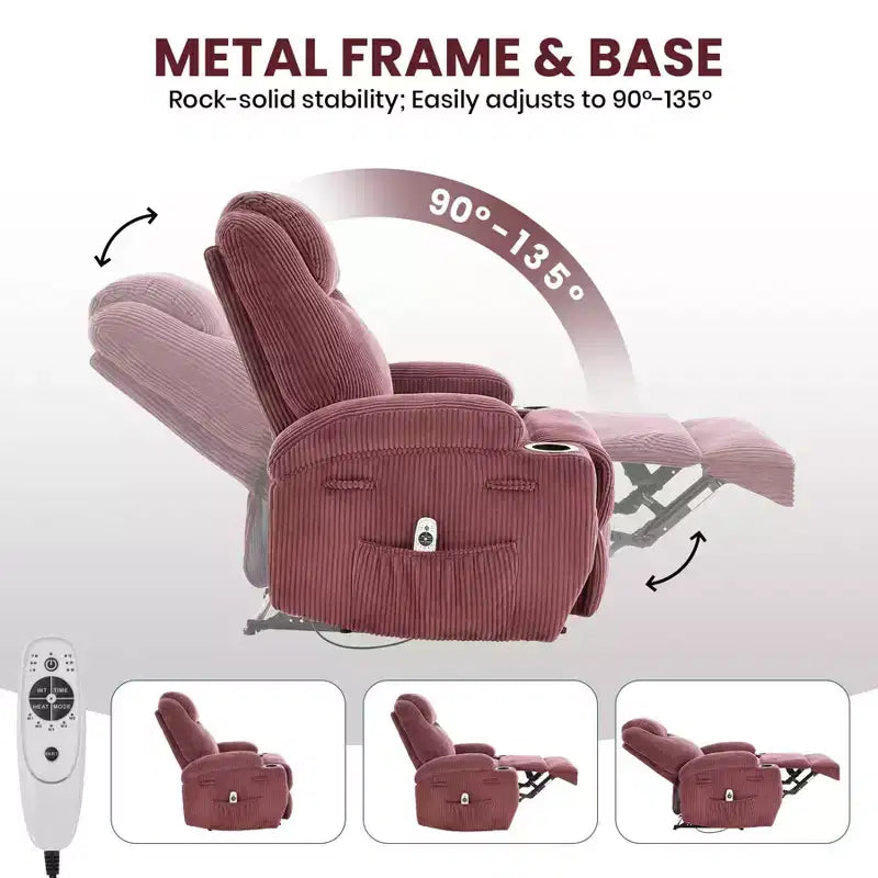 COZONY Adjustable Electric Recliner with 135 Tilt, Massage & Heat, Corduroy Cover & Tool-Free Assembly for Adults