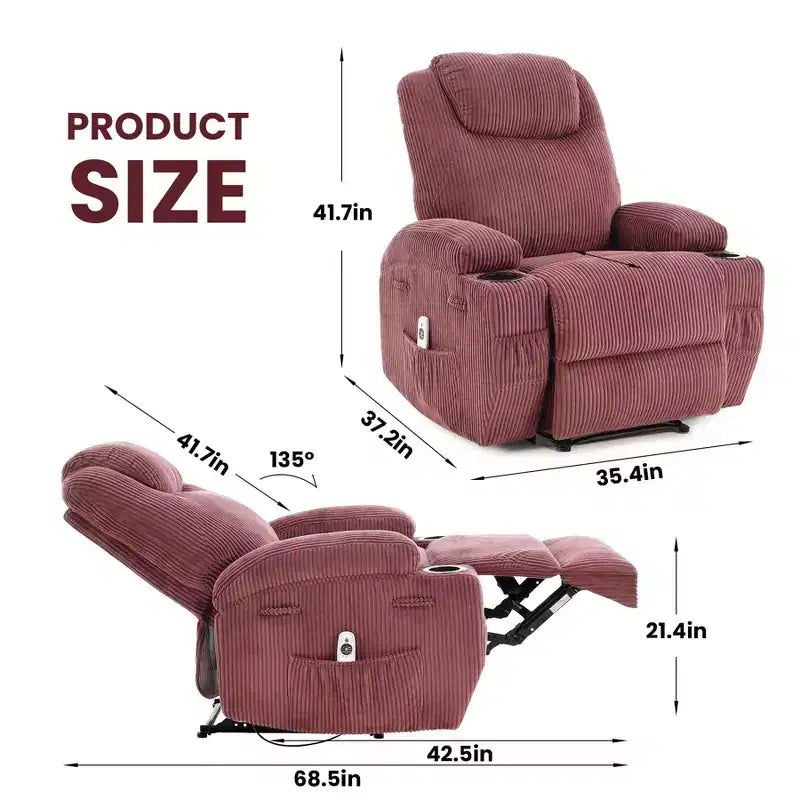 COZONY Adjustable Electric Recliner with 135 Tilt, Massage & Heat, Corduroy Cover & Tool-Free Assembly for Adults