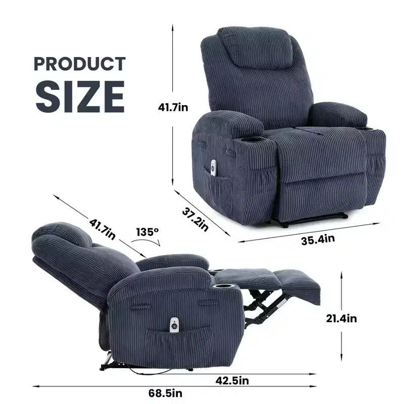 COZONY Adjustable Electric Recliner with 135 Tilt, Massage & Heat, Corduroy Cover & Tool-Free Assembly for Adults