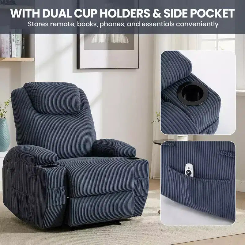 COZONY Adjustable Electric Recliner with 135 Tilt, Massage & Heat, Corduroy Cover & Tool-Free Assembly for Adults