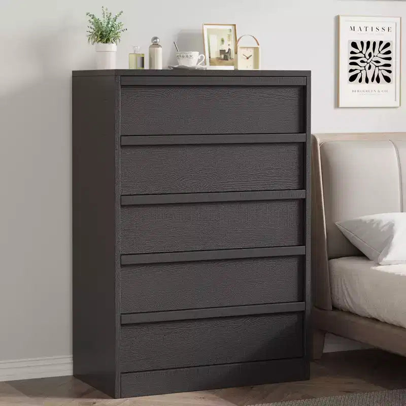 Black 5 Drawer Dresser for Bedroom, Modern 5 Chest of Drawers with Handle-free Design, 43in Tall Closet Organizer for Bedroom, Living Room, Nursery