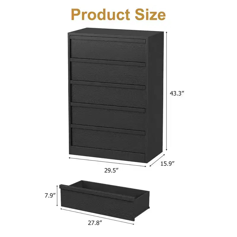 Black 5 Drawer Dresser for Bedroom, Modern 5 Chest of Drawers with Handle-free Design, 43in Tall Closet Organizer for Bedroom, Living Room, Nursery