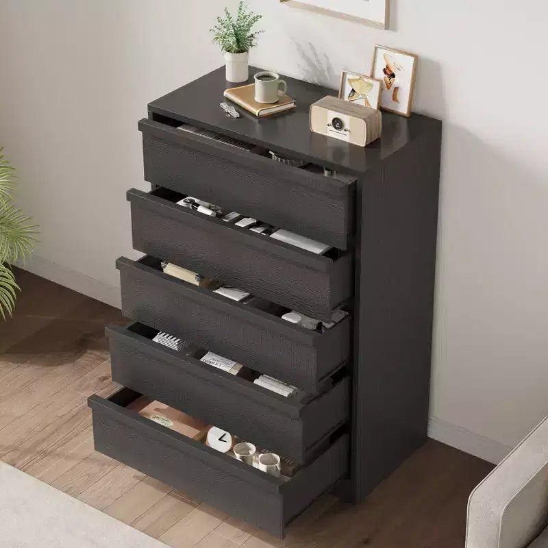 Black 5 Drawer Dresser for Bedroom, Modern 5 Chest of Drawers with Handle-free Design, 43in Tall Closet Organizer for Bedroom, Living Room, Nursery