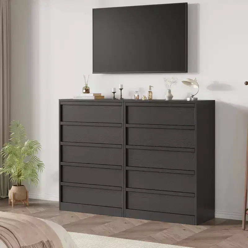 Black 5 Drawer Dresser for Bedroom, Modern 5 Chest of Drawers with Handle-free Design, 43in Tall Closet Organizer for Bedroom, Living Room, Nursery