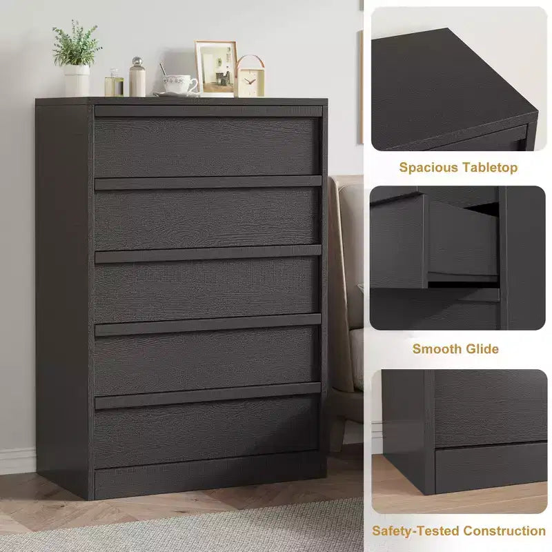 Black 5 Drawer Dresser for Bedroom, Modern 5 Chest of Drawers with Handle-free Design, 43in Tall Closet Organizer for Bedroom, Living Room, Nursery