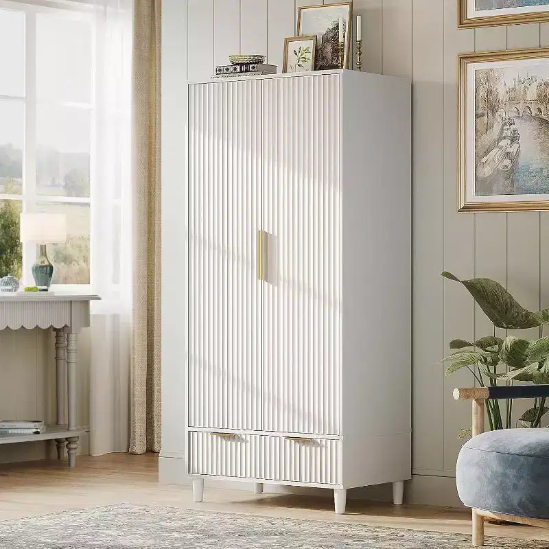 VINGLI Fluted Wardrobe Closet Armoire, Wardrobe Cabinet with Hanging Rack, Bedroom Closet Wood, Free Standing Armoire with Shelf and Solid Wood Legs