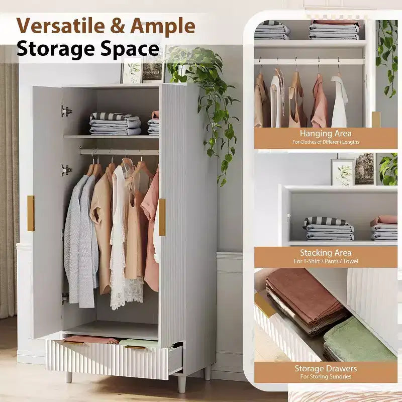 VINGLI Fluted Wardrobe Closet Armoire, Wardrobe Cabinet with Hanging Rack, Bedroom Closet Wood, Free Standing Armoire with Shelf and Solid Wood Legs