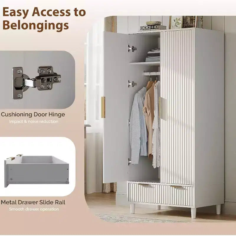 VINGLI Fluted Wardrobe Closet Armoire, Wardrobe Cabinet with Hanging Rack, Bedroom Closet Wood, Free Standing Armoire with Shelf and Solid Wood Legs