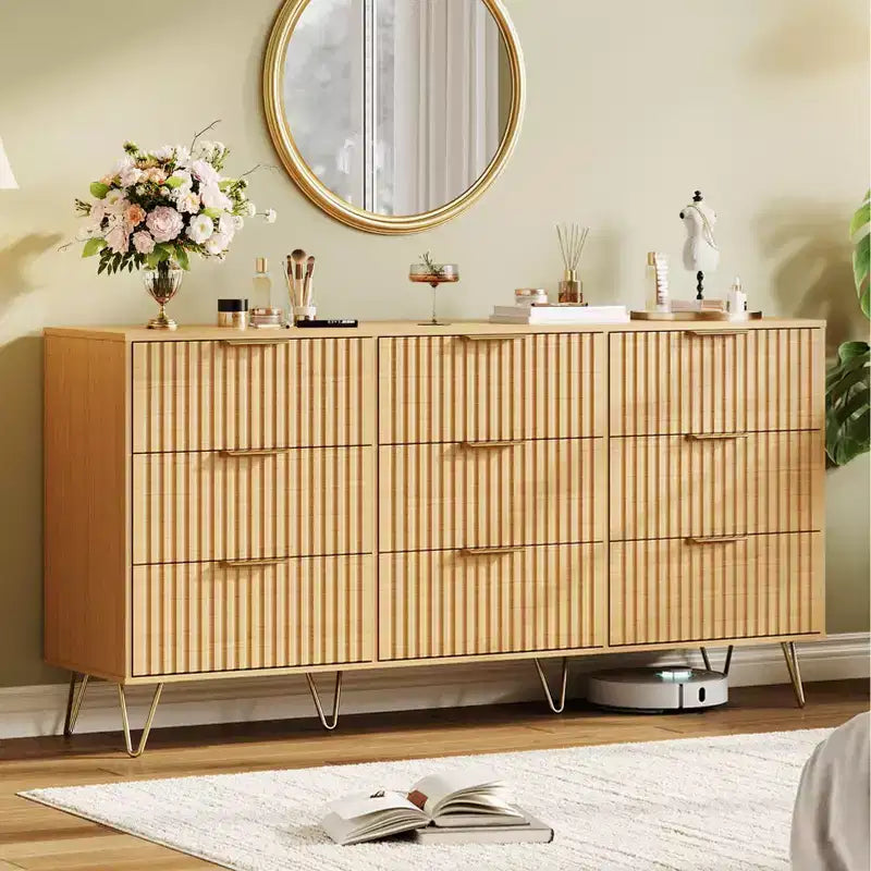 Fluted Dresser for Bedroom with 9 Drawers,63 Wide Modern Chest of Wooden Drawers with Metal Handle