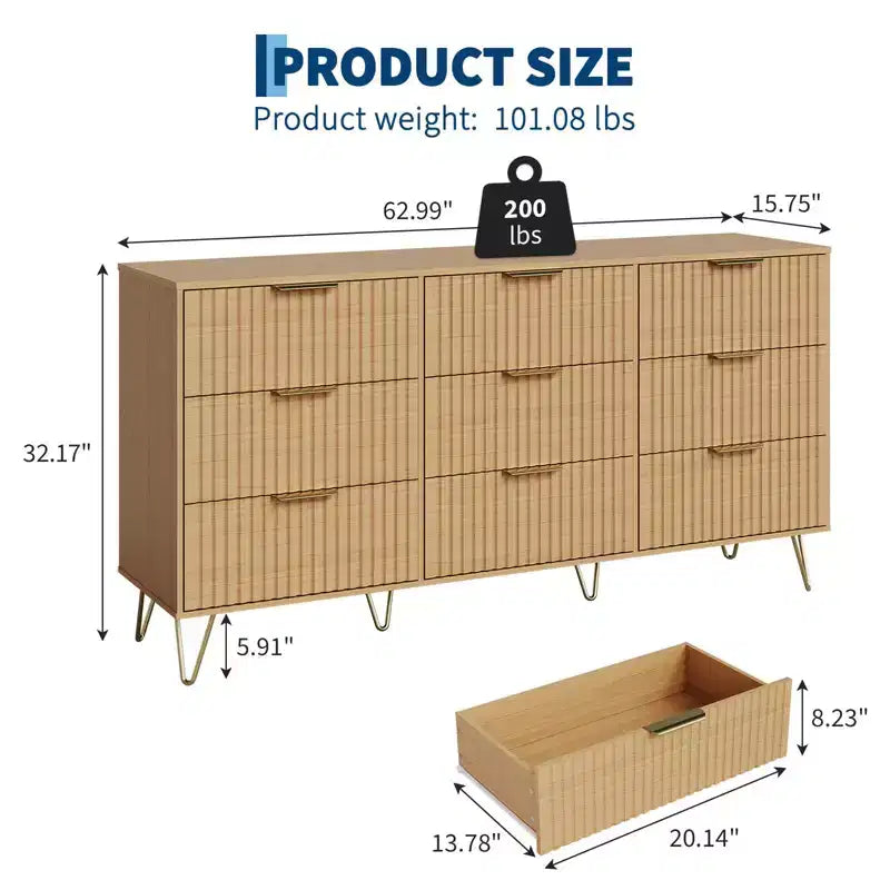 Fluted Dresser for Bedroom with 9 Drawers,63 Wide Modern Chest of Wooden Drawers with Metal Handle