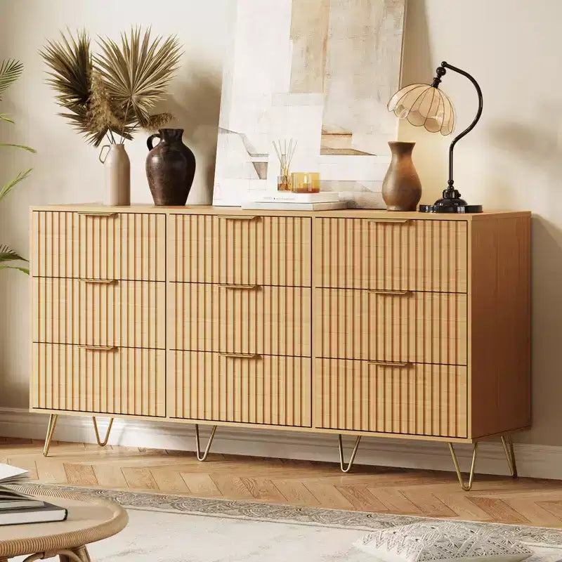 Fluted Dresser for Bedroom with 9 Drawers,63 Wide Modern Chest of Wooden Drawers with Metal Handle