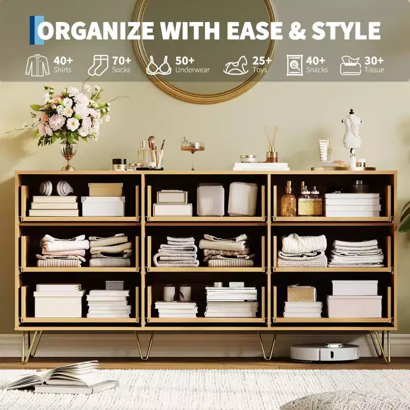 Fluted Dresser for Bedroom with 9 Drawers,63 Wide Modern Chest of Wooden Drawers with Metal Handle