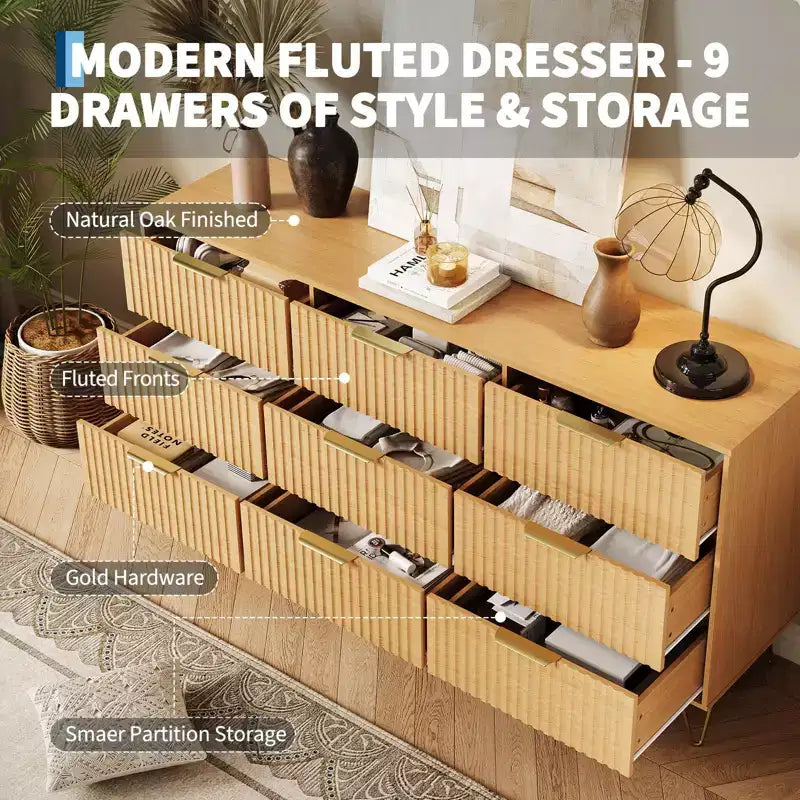 Fluted Dresser for Bedroom with 9 Drawers,63 Wide Modern Chest of Wooden Drawers with Metal Handle