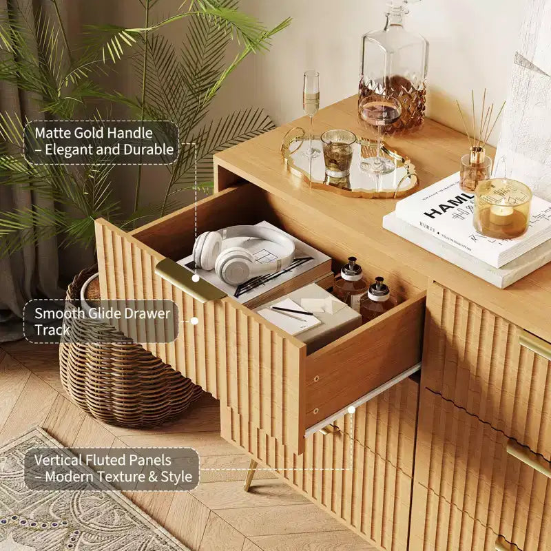 Fluted Dresser for Bedroom with 9 Drawers,63 Wide Modern Chest of Wooden Drawers with Metal Handle
