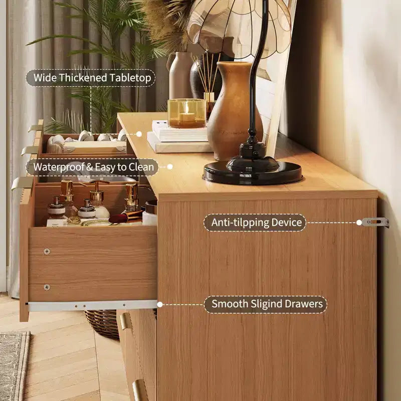 Fluted Dresser for Bedroom with 9 Drawers,63 Wide Modern Chest of Wooden Drawers with Metal Handle