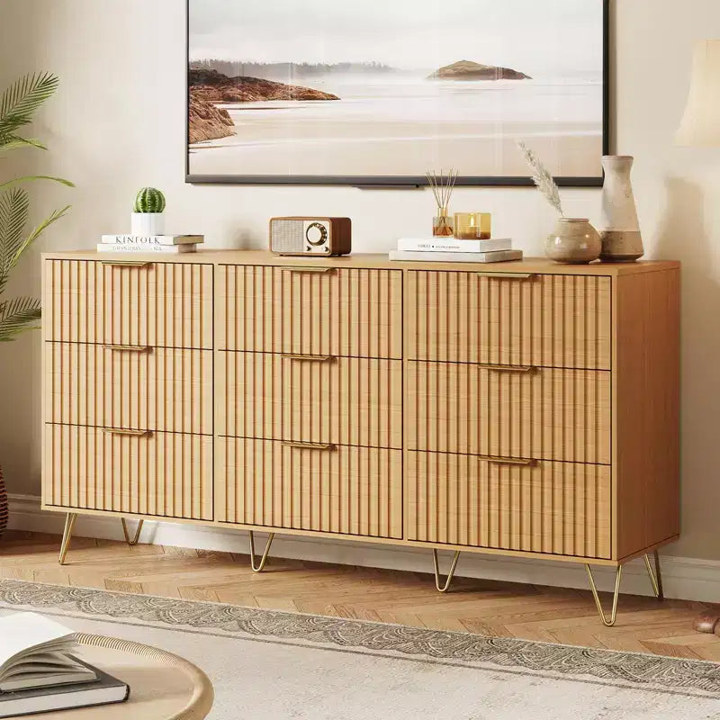 Fluted Dresser for Bedroom with 9 Drawers,63 Wide Modern Chest of Wooden Drawers with Metal Handle