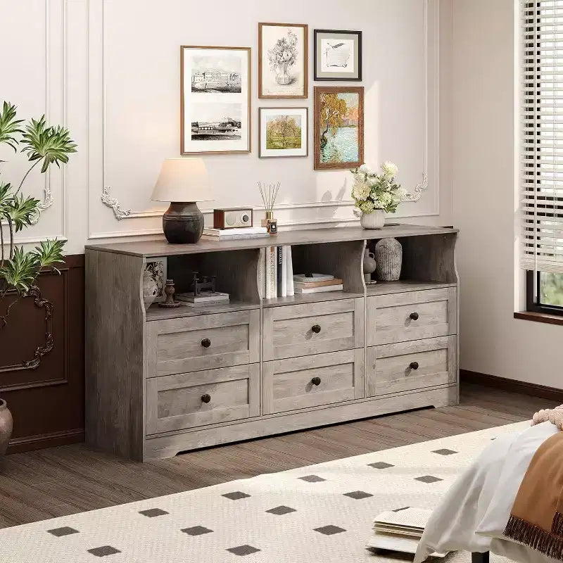 6-Drawer Slim Dresser, with Open Shelf for Bedroom Nursery & Closet, Antique Light