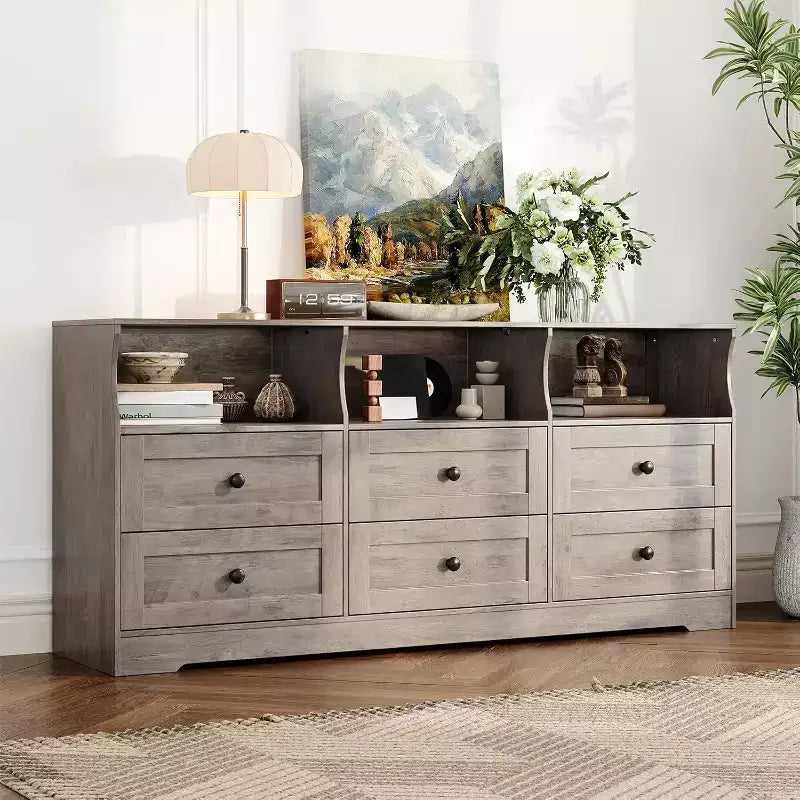6-Drawer Slim Dresser, with Open Shelf for Bedroom Nursery & Closet, Antique Light