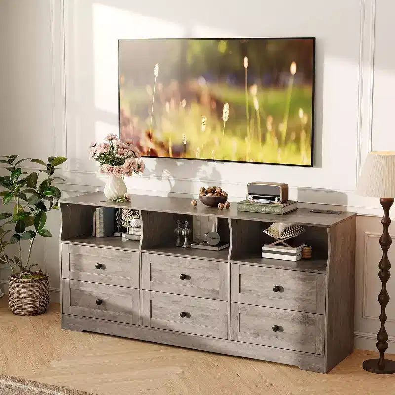 6-Drawer Slim Dresser, with Open Shelf for Bedroom Nursery & Closet, Antique Light