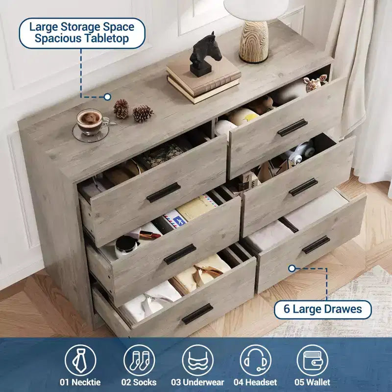 Dresser for Bedroom, 6-Drawer Wooden Dresser with Spacious Storage, Versatile Organizer for Living Room Entryway Office
