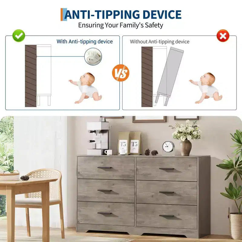 Dresser for Bedroom, 6-Drawer Wooden Dresser with Spacious Storage, Versatile Organizer for Living Room Entryway Office