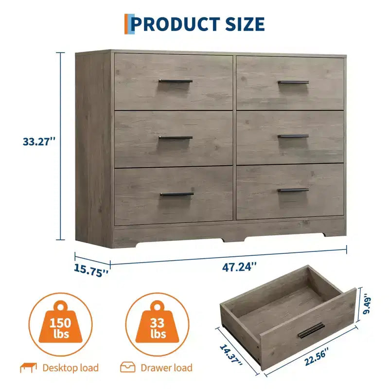 Dresser for Bedroom, 6-Drawer Wooden Dresser with Spacious Storage, Versatile Organizer for Living Room Entryway Office