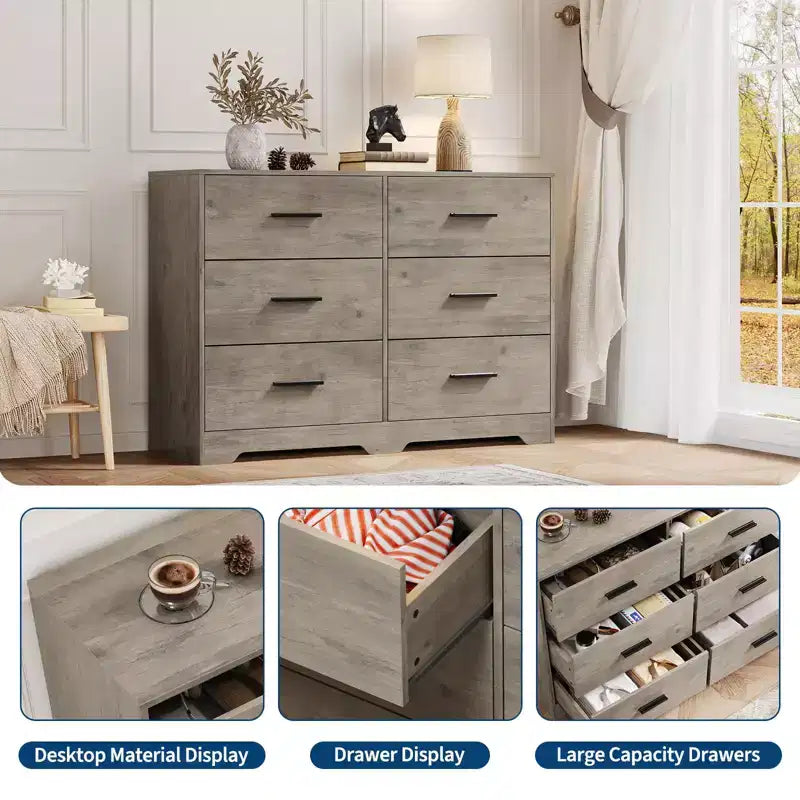 Dresser for Bedroom, 6-Drawer Wooden Dresser with Spacious Storage, Versatile Organizer for Living Room Entryway Office