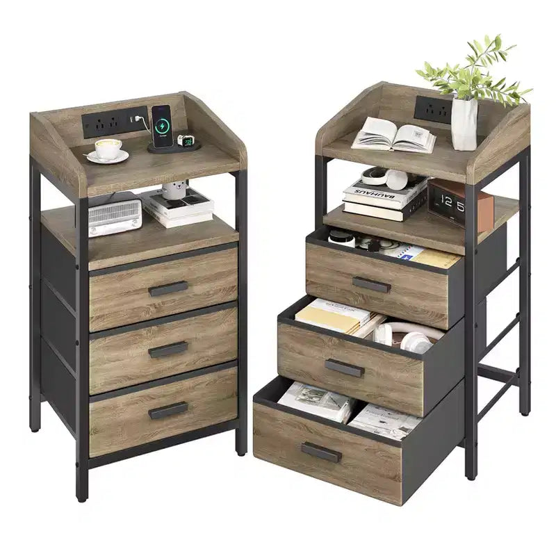 KOLIGEY Night Stand with Charging Station and Light Bedside End Table with Fabric Drawers, USB Ports and Outlets