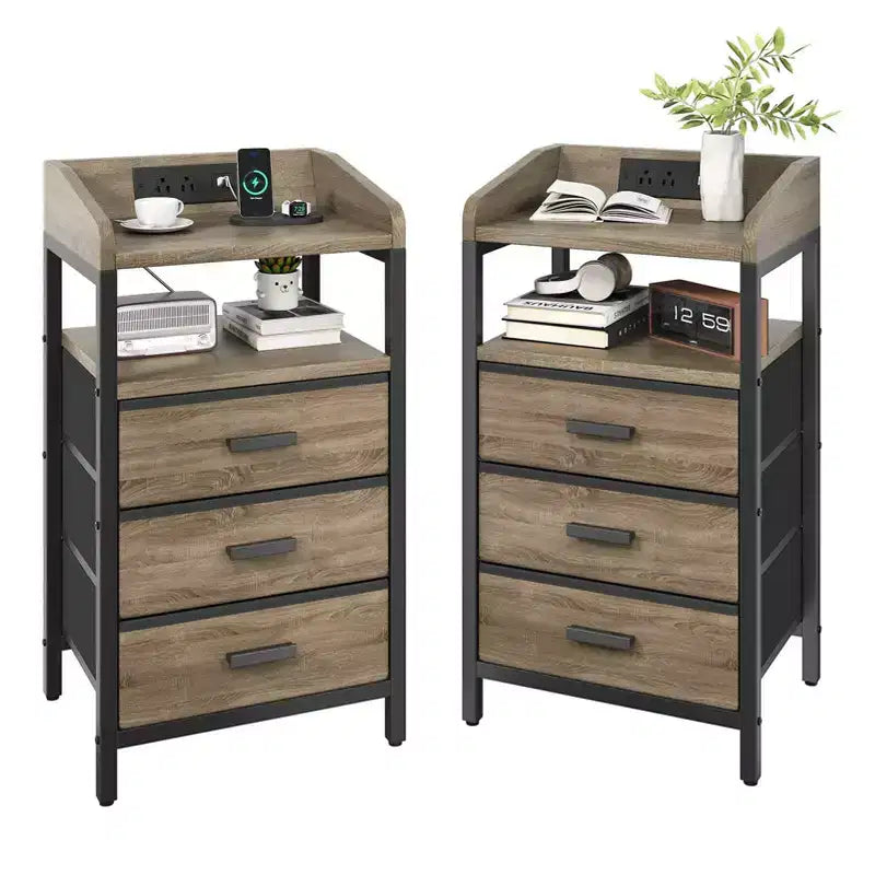 KOLIGEY Night Stand with Charging Station and Light Bedside End Table with Fabric Drawers, USB Ports and Outlets
