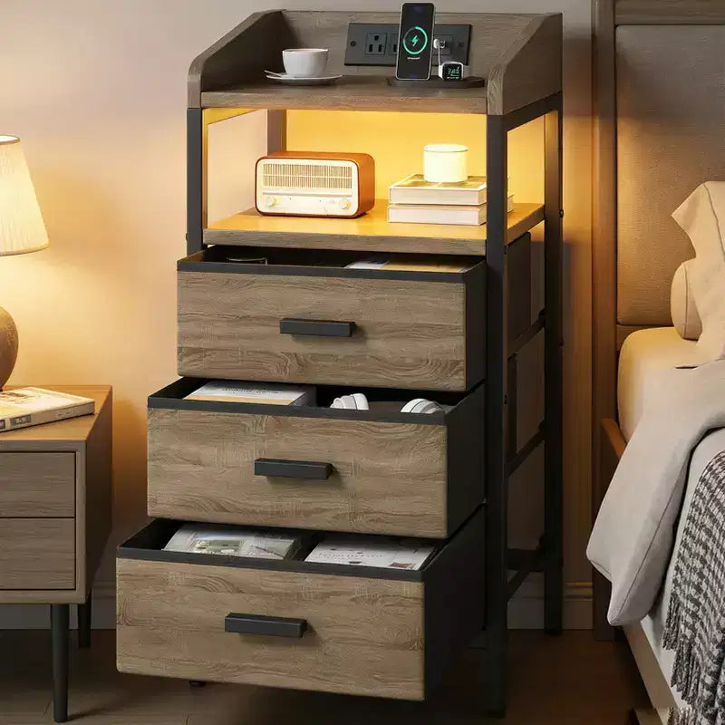 KOLIGEY Night Stand with Charging Station and Light Bedside End Table with Fabric Drawers, USB Ports and Outlets