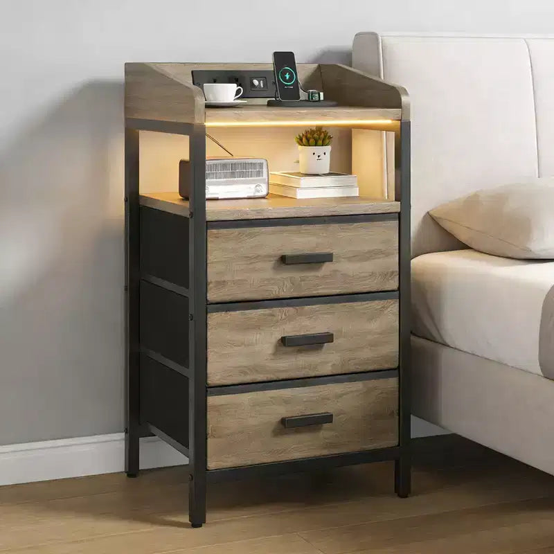 KOLIGEY Night Stand with Charging Station and Light Bedside End Table with Fabric Drawers, USB Ports and Outlets
