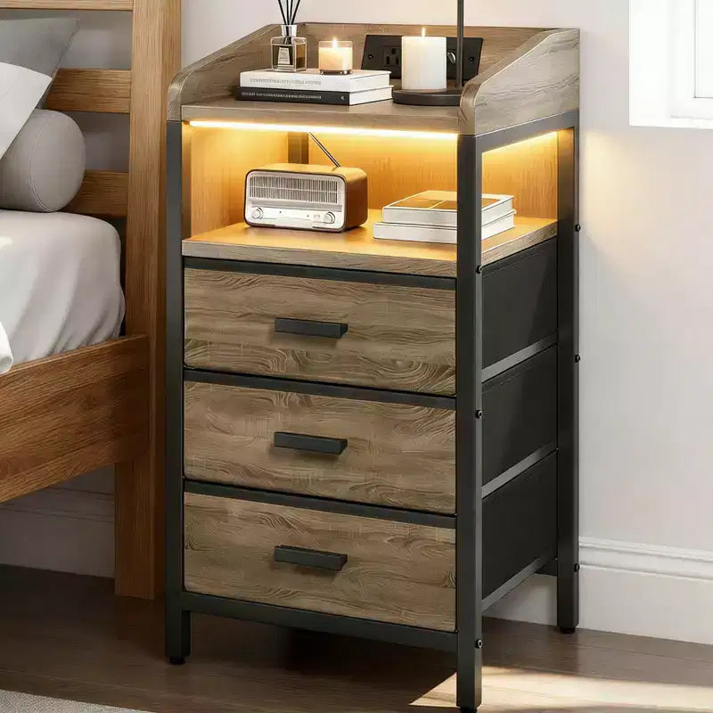 KOLIGEY Night Stand with Charging Station and Light Bedside End Table with Fabric Drawers, USB Ports and Outlets