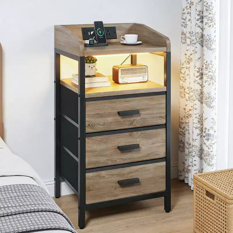 KOLIGEY Night Stand with Charging Station and Light Bedside End Table with Fabric Drawers, USB Ports and Outlets
