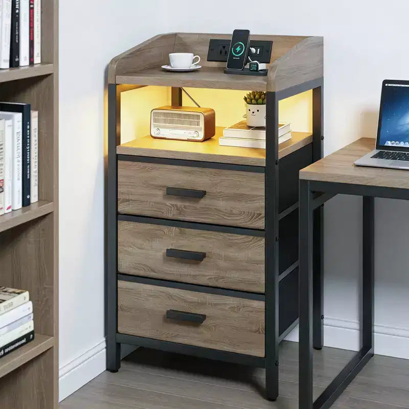 KOLIGEY Night Stand with Charging Station and Light Bedside End Table with Fabric Drawers, USB Ports and Outlets