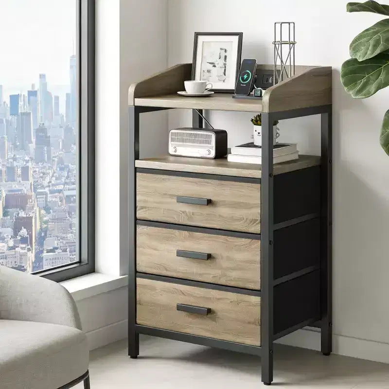 KOLIGEY Night Stand with Charging Station and Light Bedside End Table with Fabric Drawers, USB Ports and Outlets