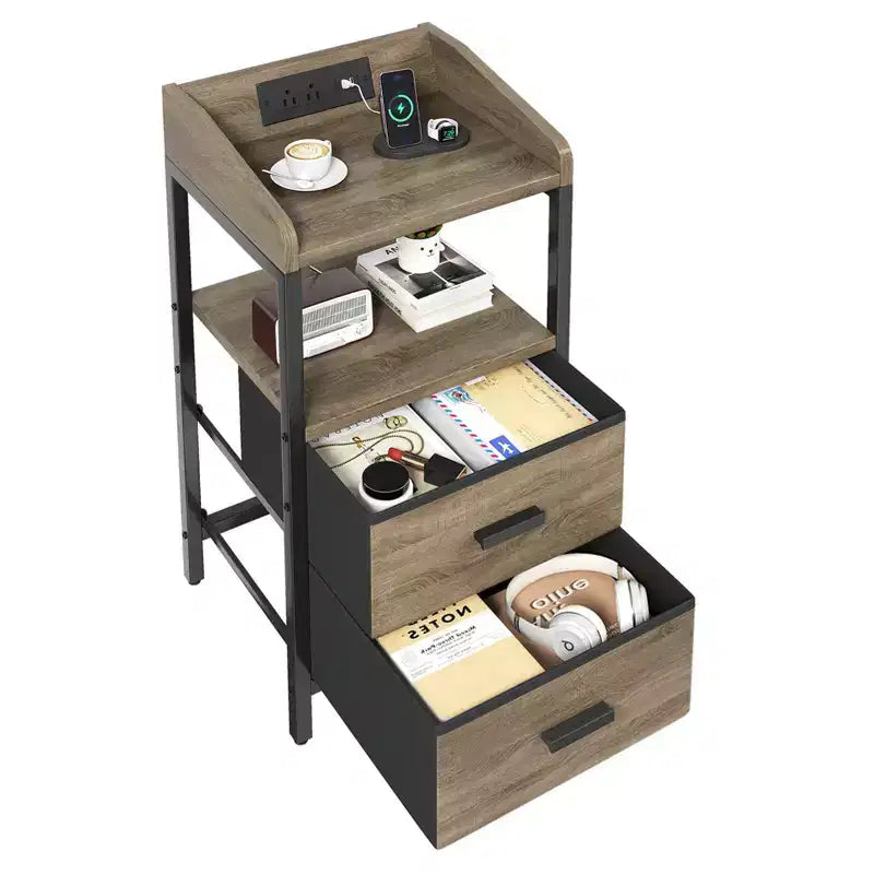 KOLIGEY Night Stand with Charging Station and Light Bedside End Table with Fabric Drawers, USB Ports and Outlets