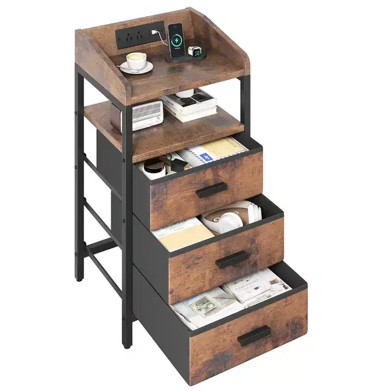 KOLIGEY Night Stand with Charging Station and Light Bedside End Table with Fabric Drawers, USB Ports and Outlets
